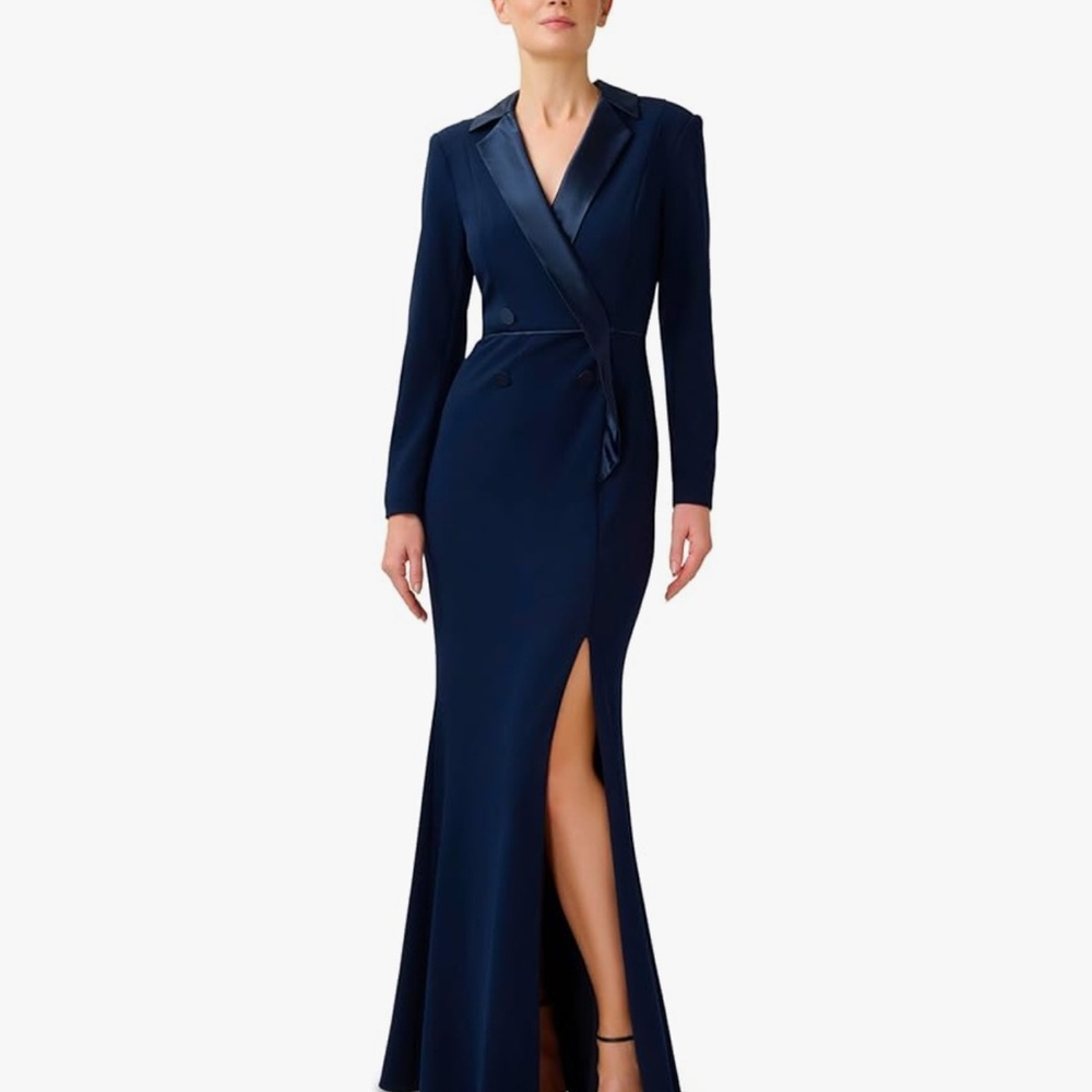Adrianna Papell Navy Long Sleeve Satin Trim Gown